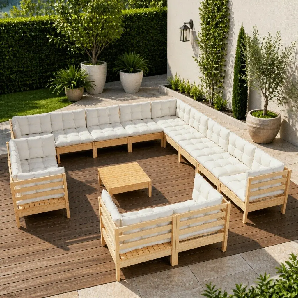 Garden Lounge Set 14 Pieces Outdoor Patio Furniture Solid Pinewood Cream Cushions