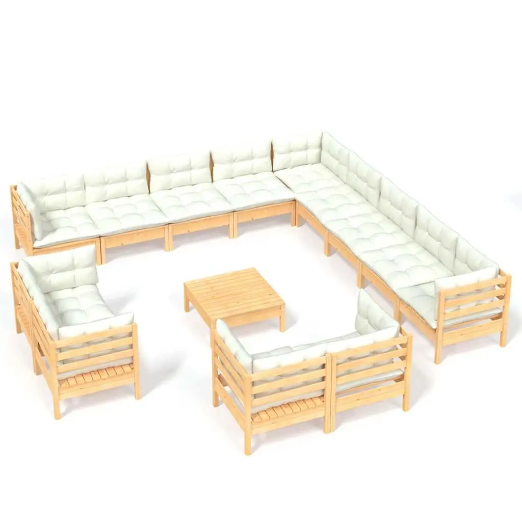 Garden Lounge Set 14 Pieces Outdoor Patio Furniture Solid Pinewood Cream Cushions