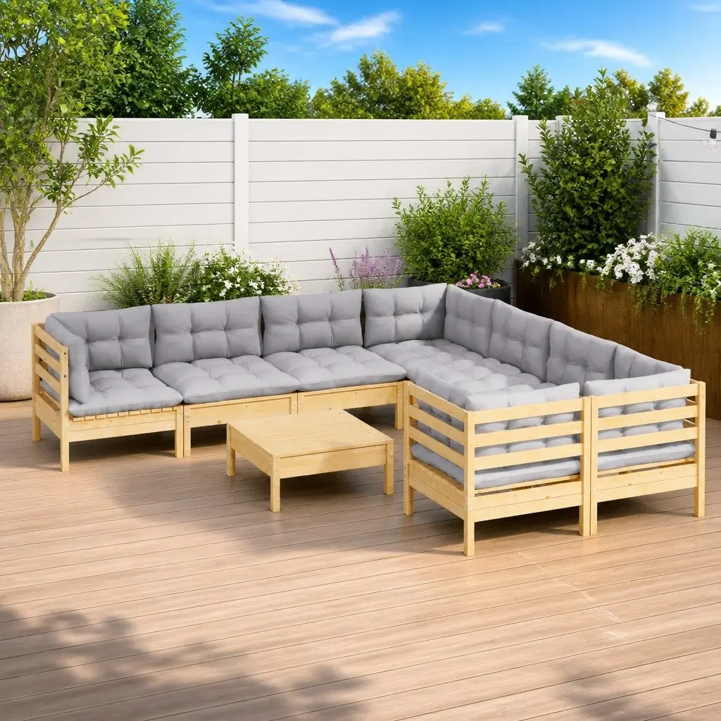 9 Piece Garden Lounge Set Outdoor Patio Furniture Grey Cushions Wood