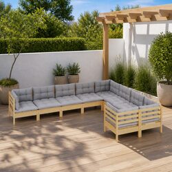 Garden Lounge Set 9 Piece Outdoor Patio Furniture Grey Cushions Modular Pinewood
