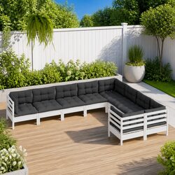 Garden Lounge Set 9 Piece White Pinewood Outdoor Patio Furniture with Cushions