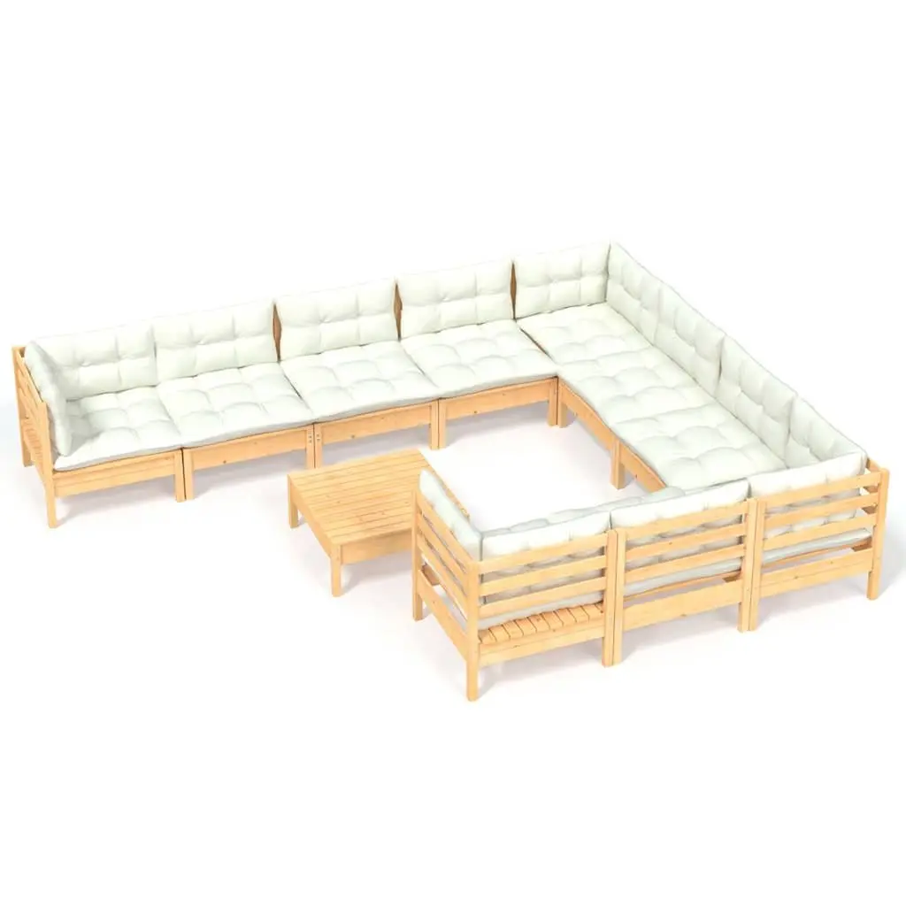 Garden Lounge Set 11 Piece Outdoor Patio Furniture Modular Pinewood Cream Cushions