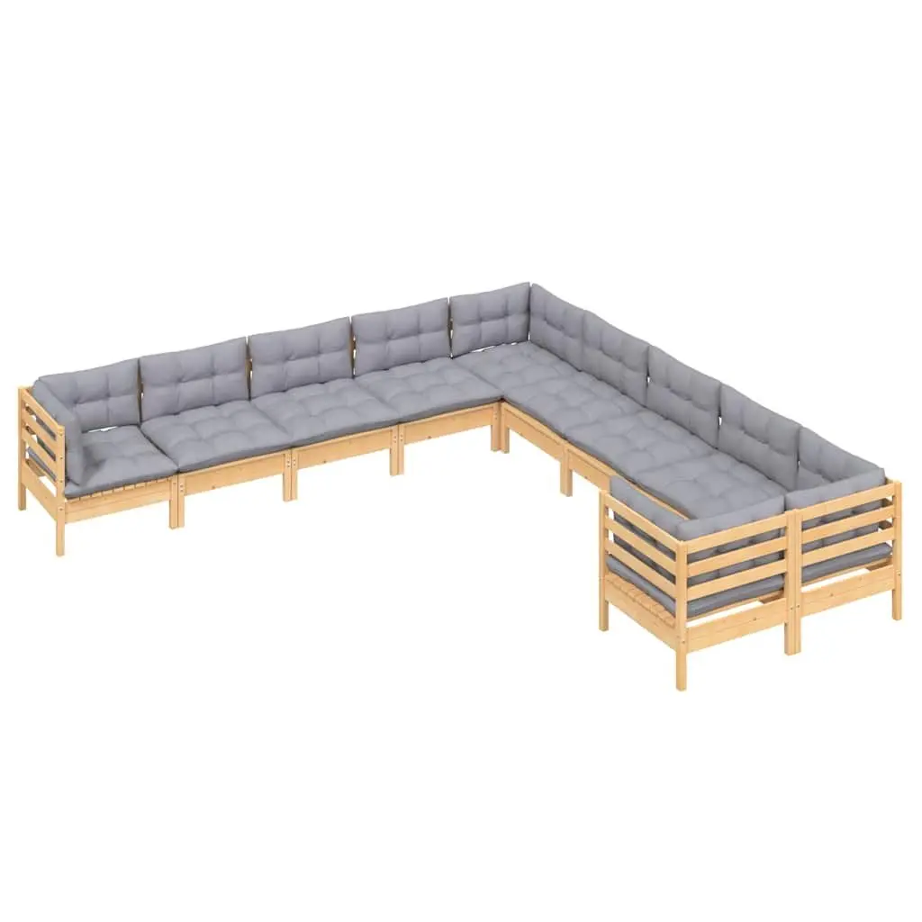 Garden Lounge Set 10 Piece Outdoor Patio Furniture Grey Cushions Pinewood