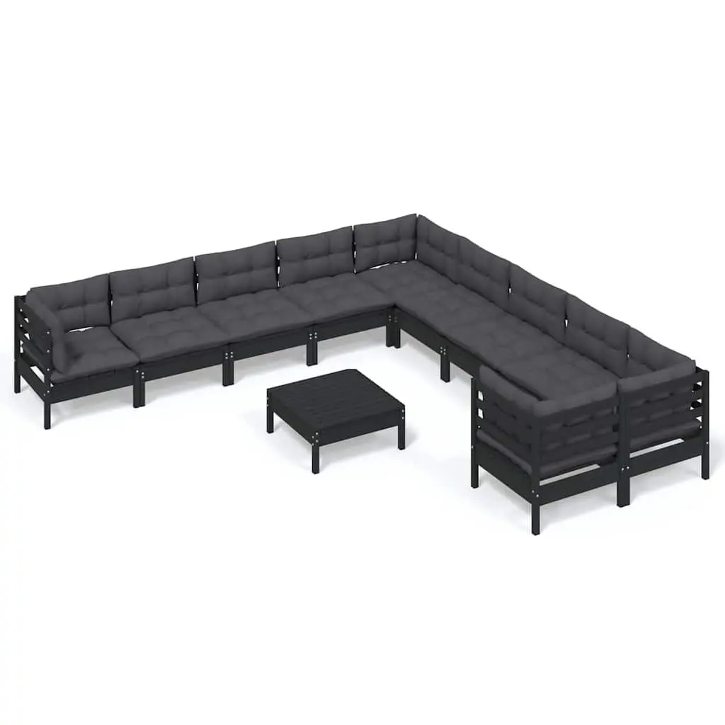 Outdoor Lounge Set 11 Piece Garden Furniture Black Pinewood with Cushions