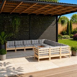 Garden Lounge Set 11 Piece Outdoor Patio Furniture Grey Cushions Pinewood