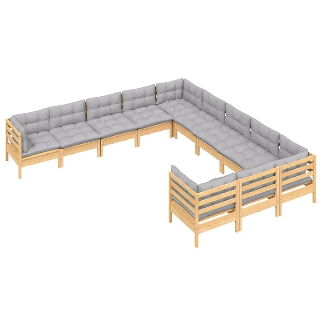 Garden Lounge Set 11 Piece Outdoor Patio Furniture Grey Cushions Pinewood
