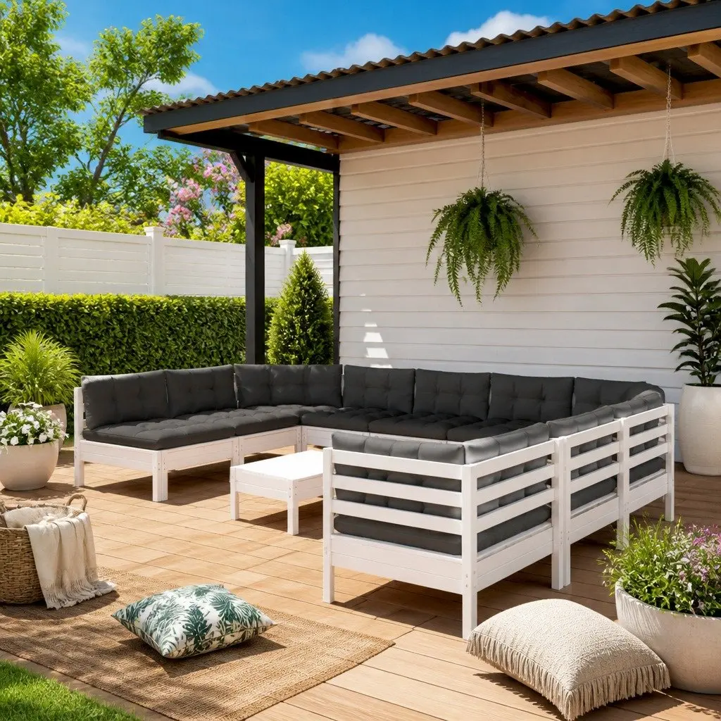 Garden Lounge Set 12 Piece White Pinewood Outdoor Furniture with Cushions