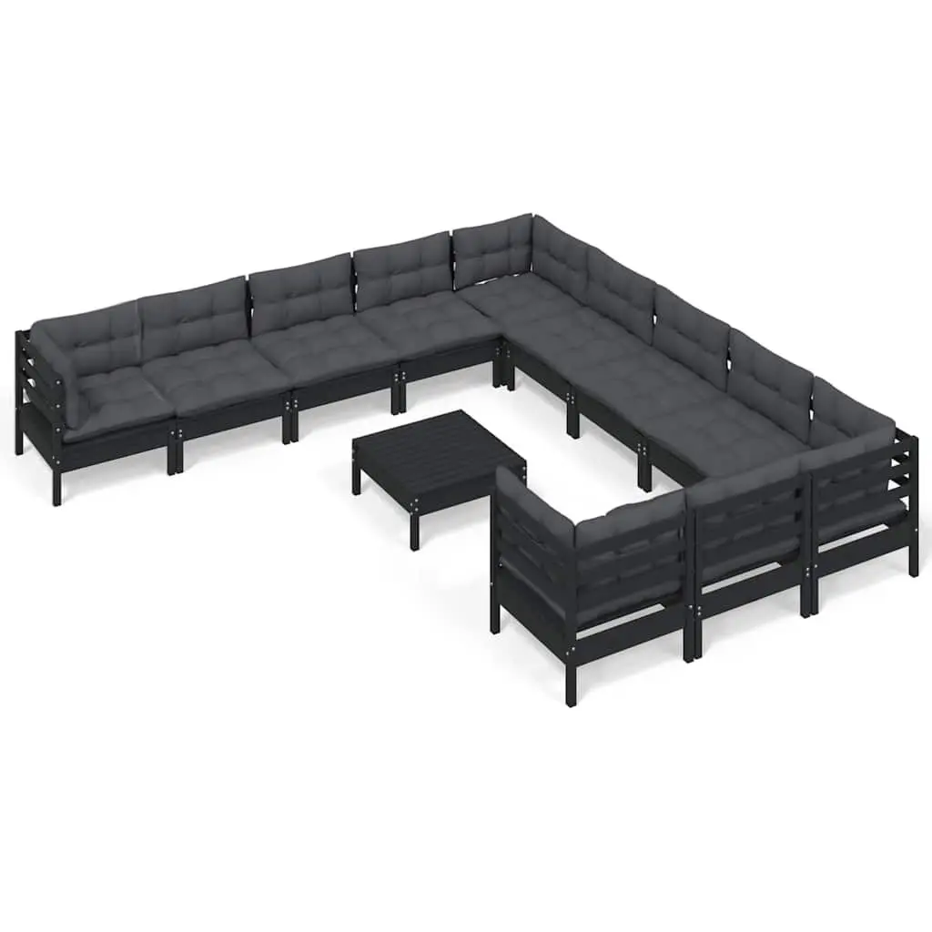 Garden Lounge Set 12 Piece Outdoor Patio Furniture Black Pinewood with Cushions