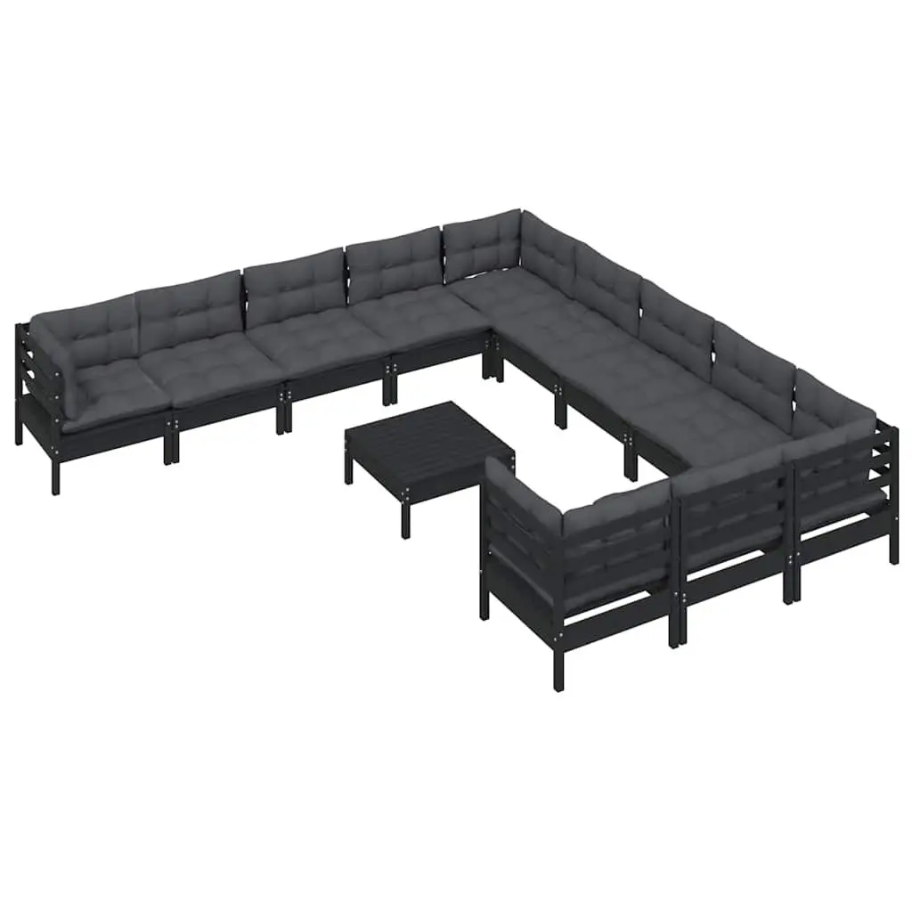 Garden Lounge Set 12 Piece Outdoor Patio Furniture Black Pinewood with Cushions