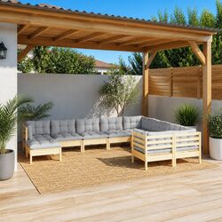 Garden Lounge Set 10 Piece Outdoor Patio Furniture with Grey Cushions Pinewood