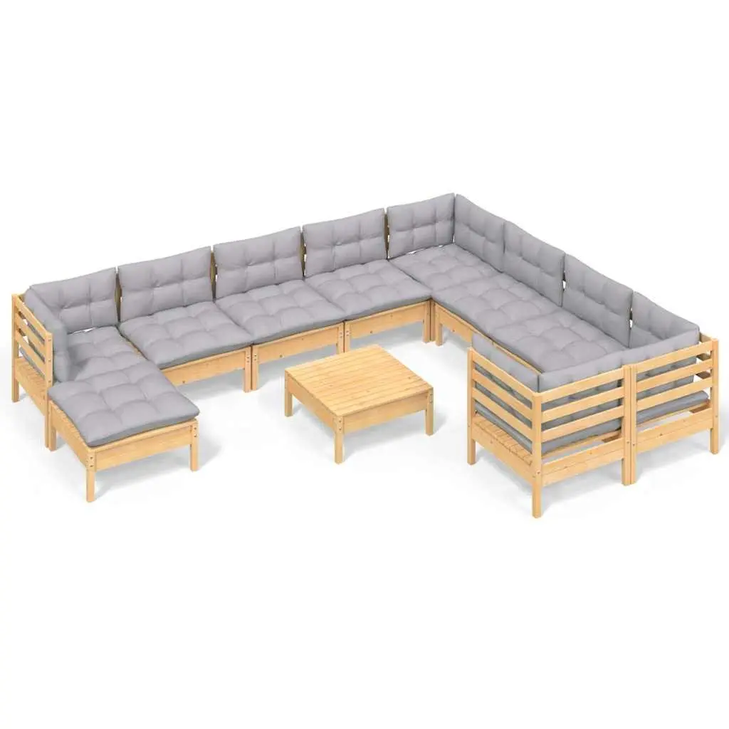 Garden Lounge Set 11 Piece Outdoor Patio Furniture Grey Cushions Pinewood