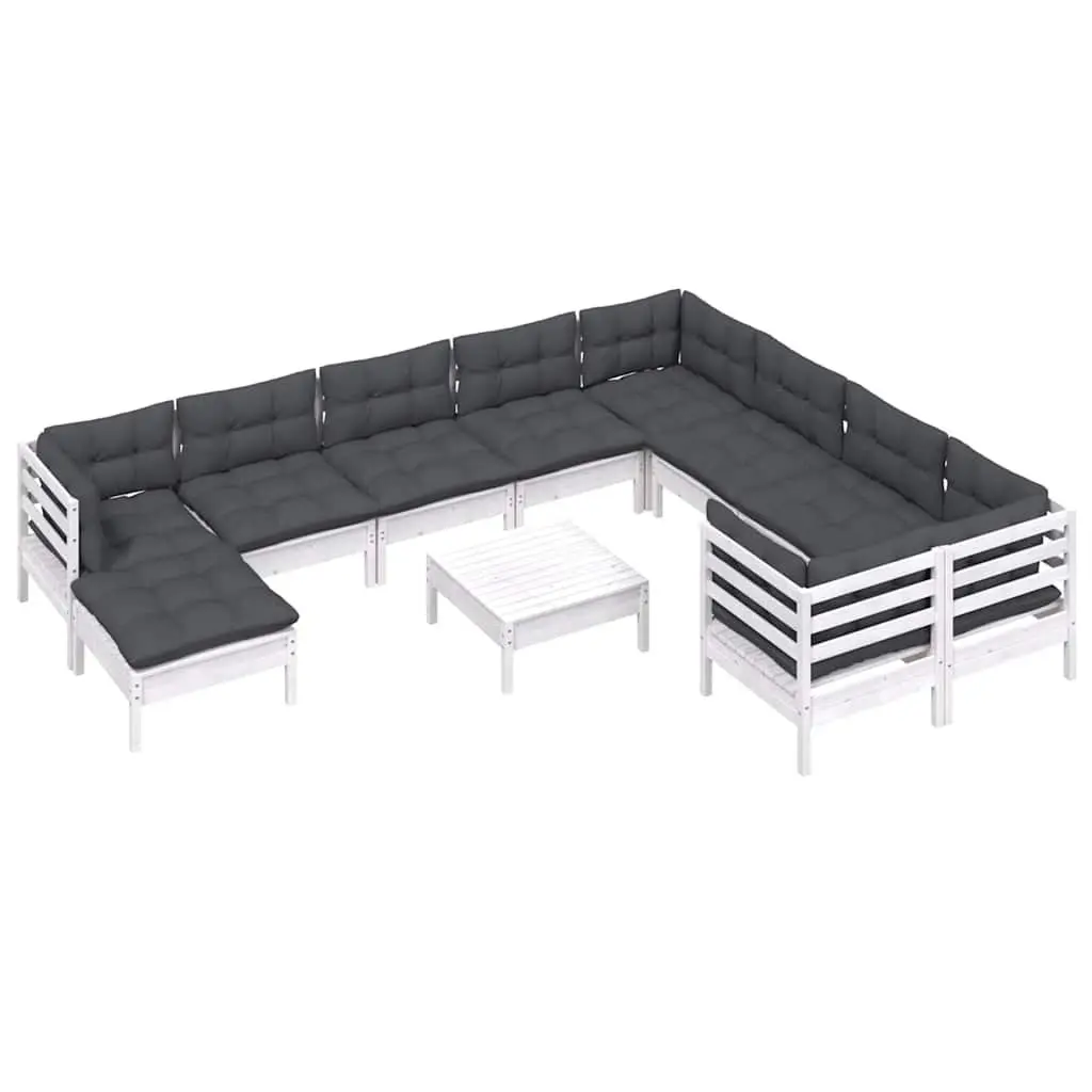 Garden Lounge Set 11 Piece White Pinewood Outdoor Furniture with Cushions Patio