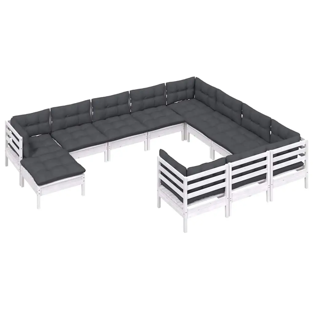 Outdoor Patio Furniture Lounge Set 11 Piece Modular Pinewood with Cushions White
