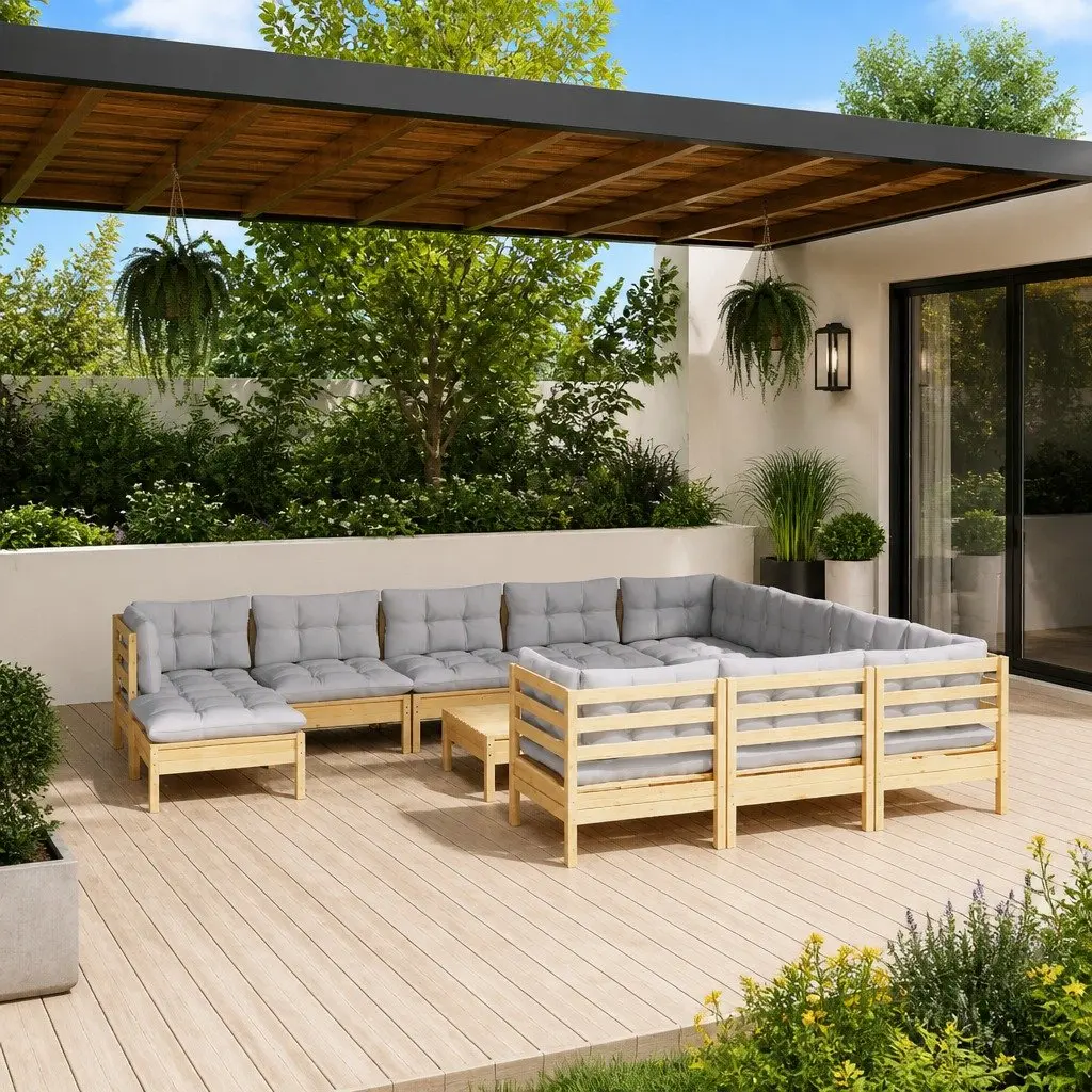 Outdoor Lounge Set Modular Pinewood Garden Furniture 12 Piece Grey Cushions