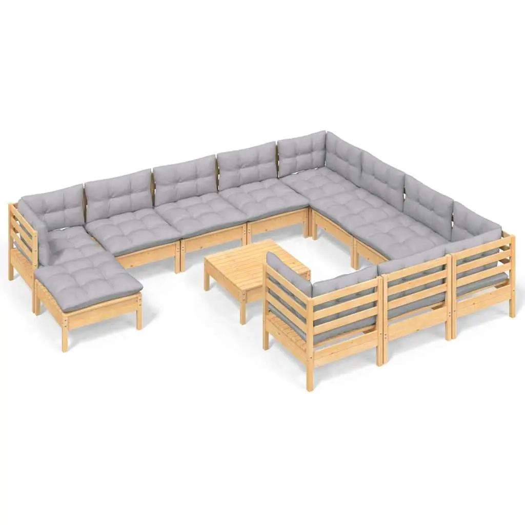 Outdoor Lounge Set Modular Pinewood Garden Furniture 12 Piece Grey Cushions