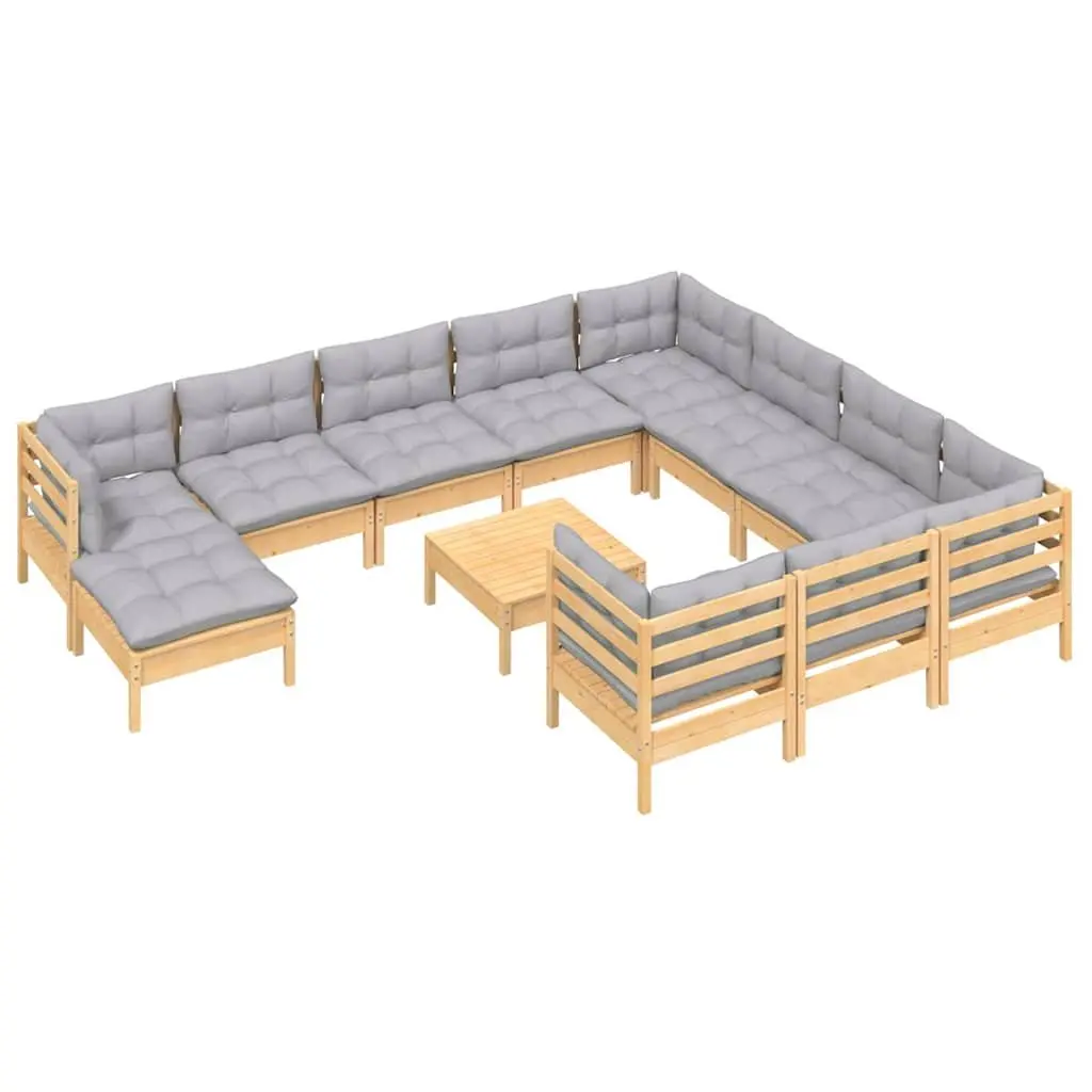 Outdoor Lounge Set Modular Pinewood Garden Furniture 12 Piece Grey Cushions