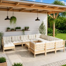 Quality Pinewood 12-Piece Lounge Set with Cream Cushions