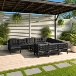 Value-Focused Black Pinewood 12-Piece Lounge Set with Cushions
