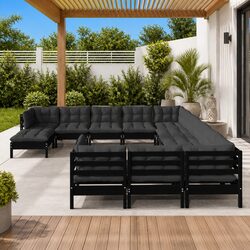 Comfortable 12-Piece Garden Lounge Set - Black Pinewood