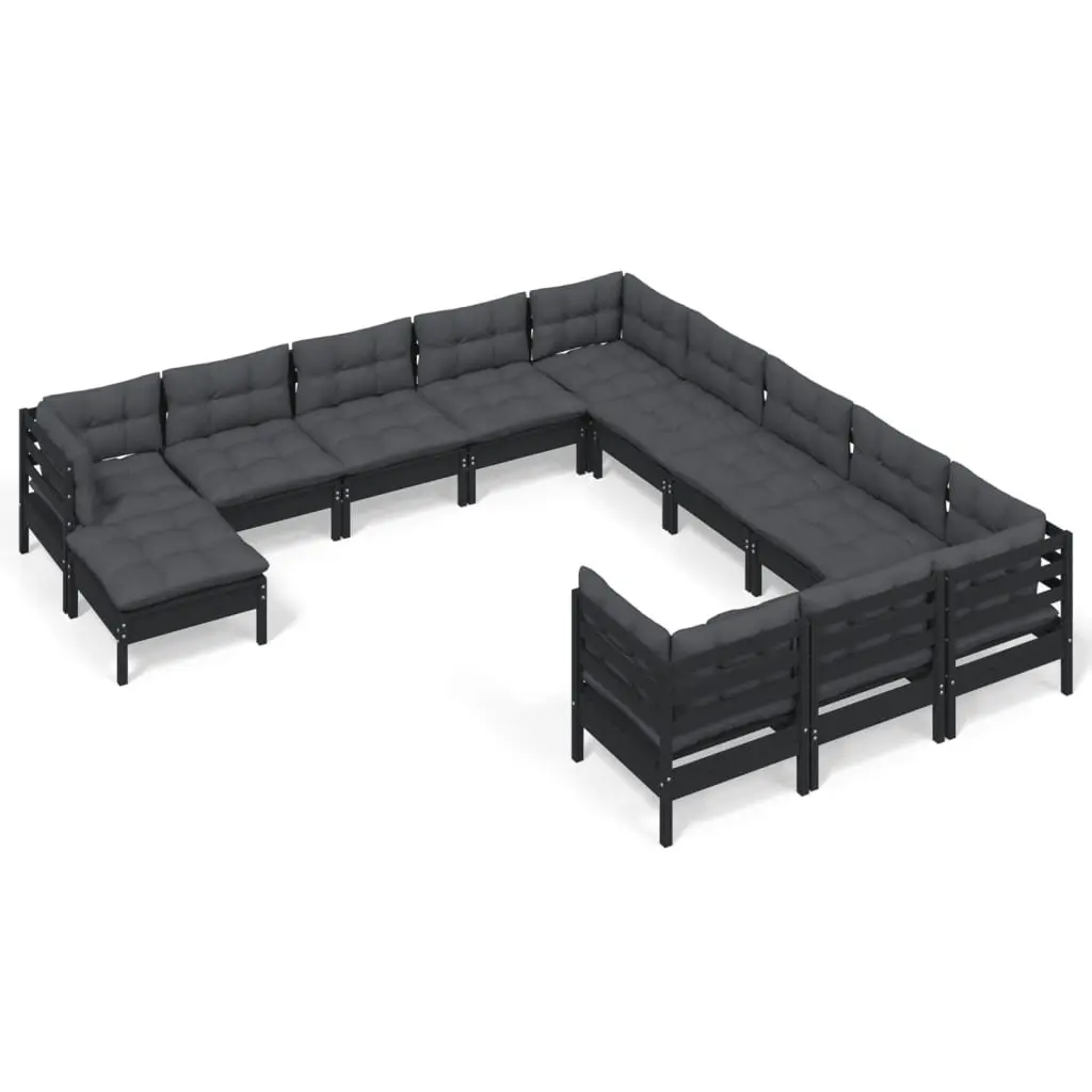 Garden Lounge Set 12 Piece Modular Pinewood Patio Furniture with Cushions Black