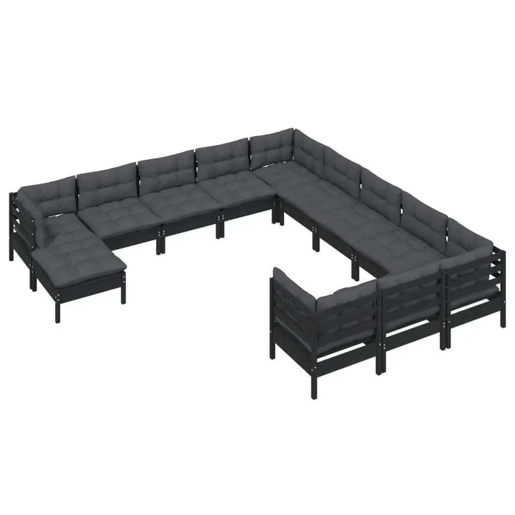 Garden Lounge Set 12 Piece Modular Pinewood Patio Furniture with Cushions Black
