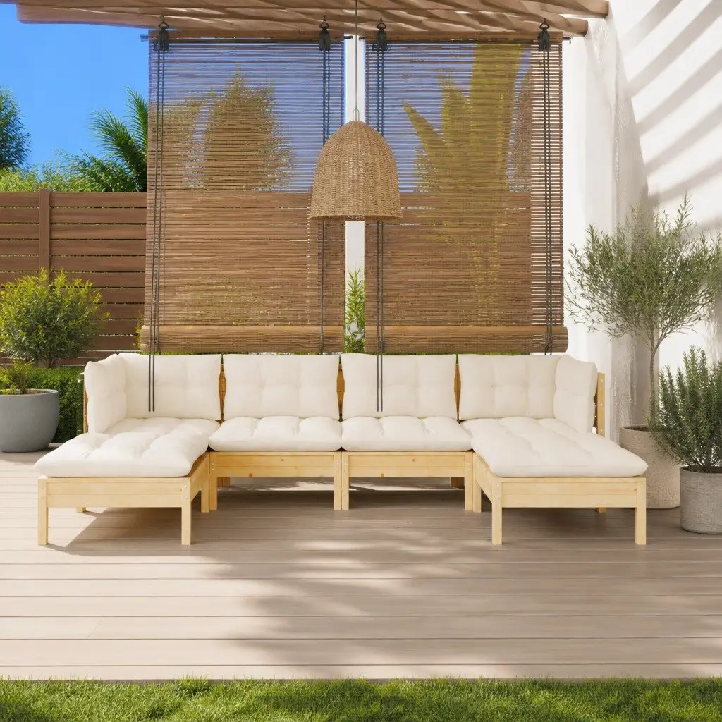 Garden Lounge Set 6 Piece Outdoor Patio Furniture Pinewood Cream Cushions
