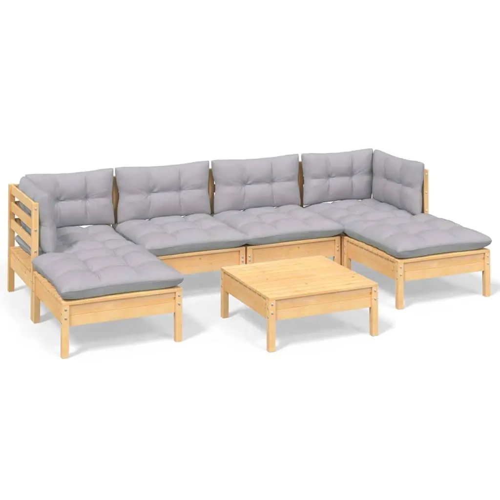 Garden Lounge Set 7 Piece Outdoor Patio Furniture Grey Cushions Pinewood