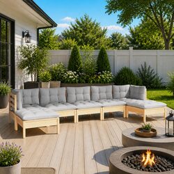 Comfortable 7-Piece Pinewood Lounge Set with Grey Cushions
