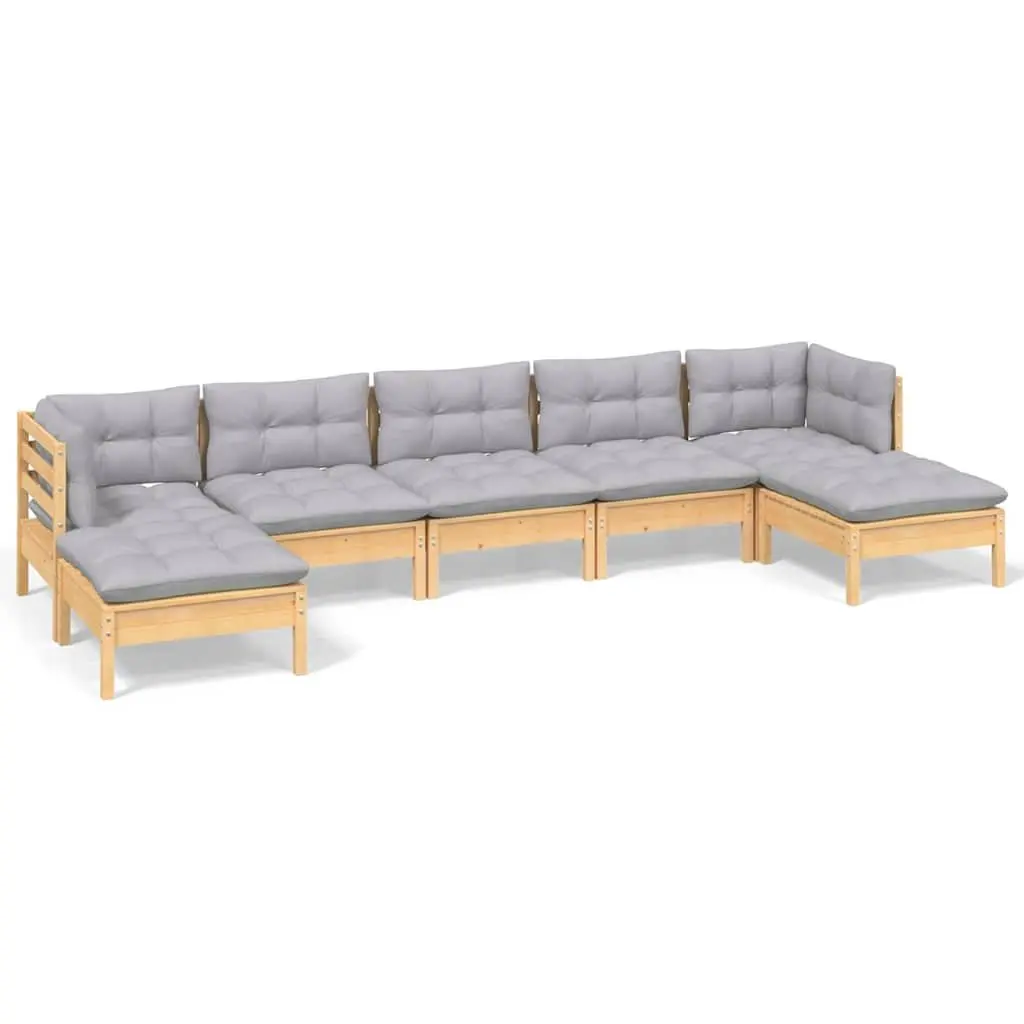 7 Piece Outdoor Garden Lounge Set Pinewood Grey Cushions