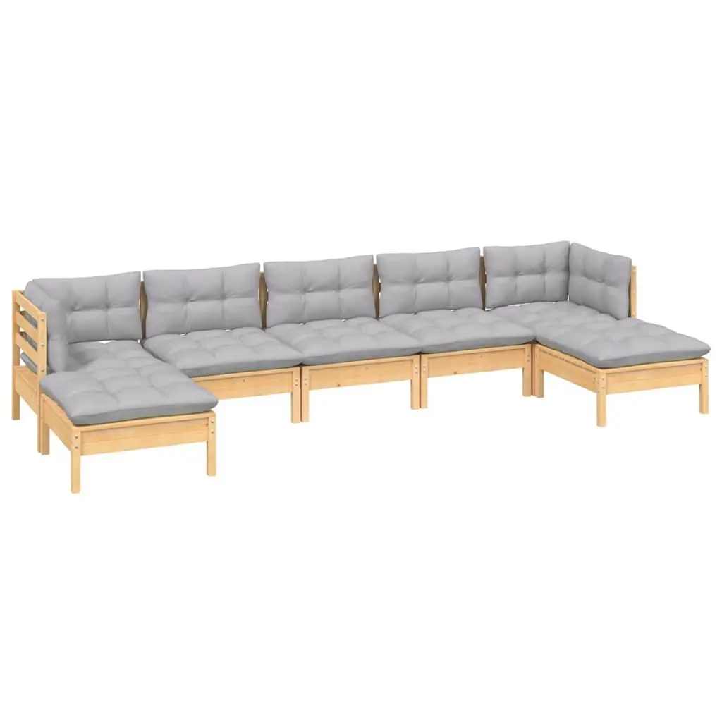 7 Piece Outdoor Garden Lounge Set Pinewood Grey Cushions