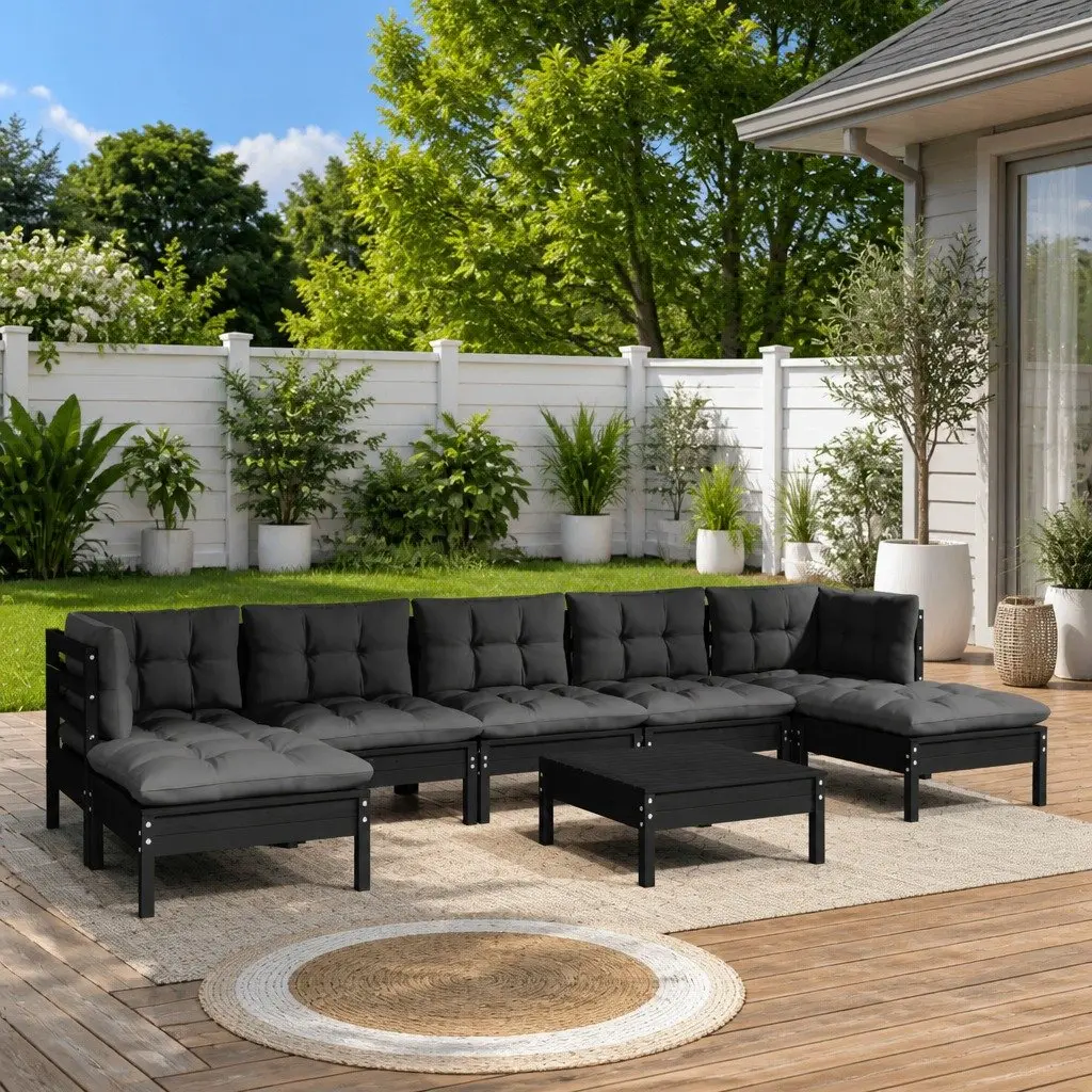 Garden Lounge Set 8 Piece Modular Pinewood Patio Furniture Black with Cushions
