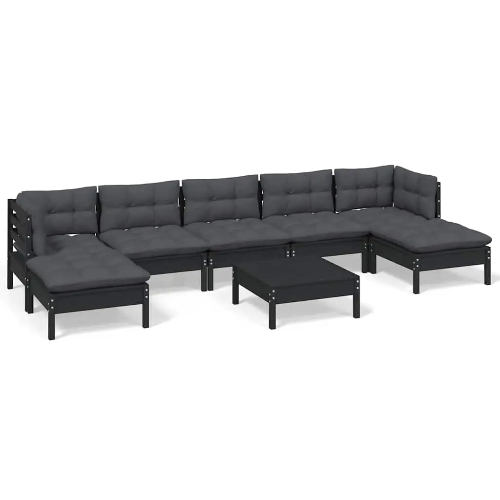 Garden Lounge Set 8 Piece Modular Pinewood Patio Furniture Black with Cushions