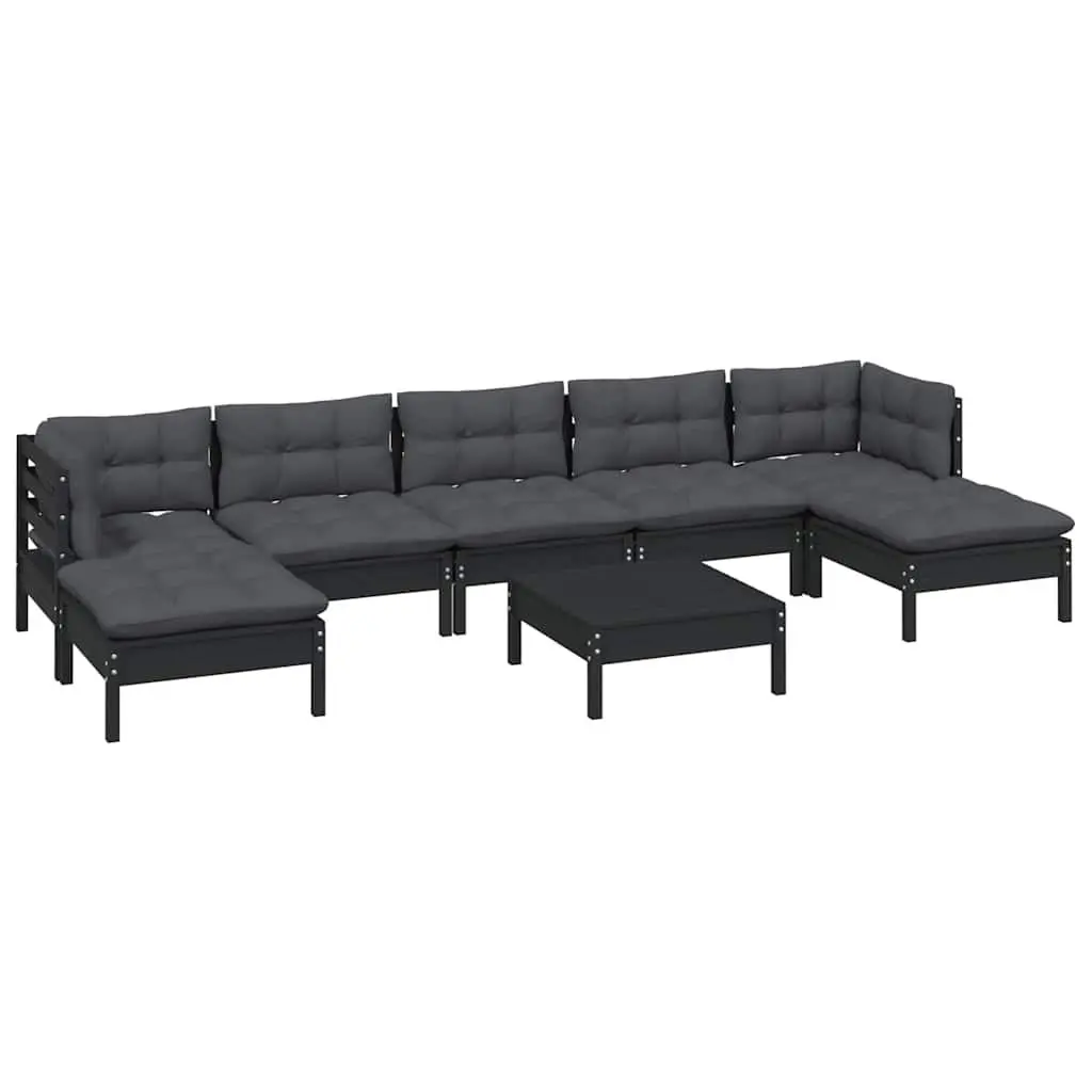 Garden Lounge Set 8 Piece Modular Pinewood Patio Furniture Black with Cushions