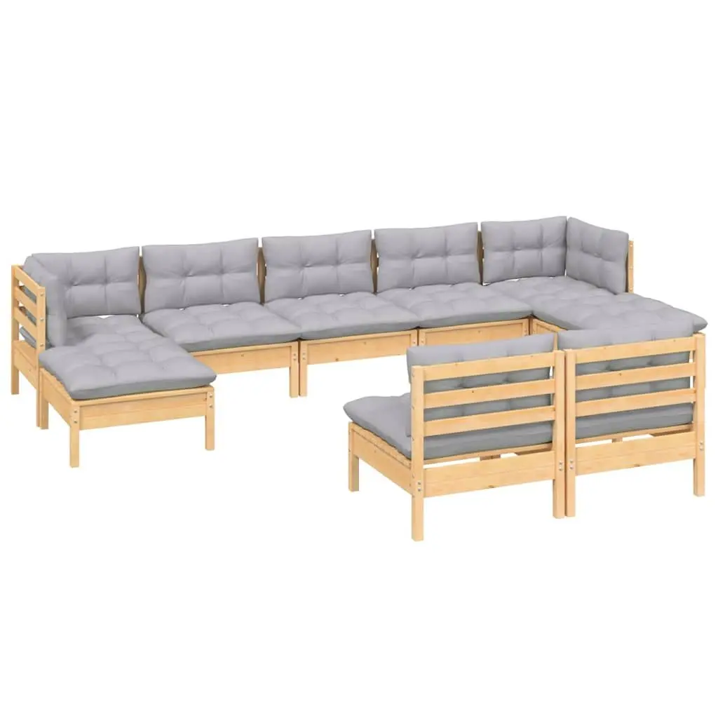 Garden Lounge Set 9 Piece Outdoor Patio Furniture Grey Cushions Pinewood