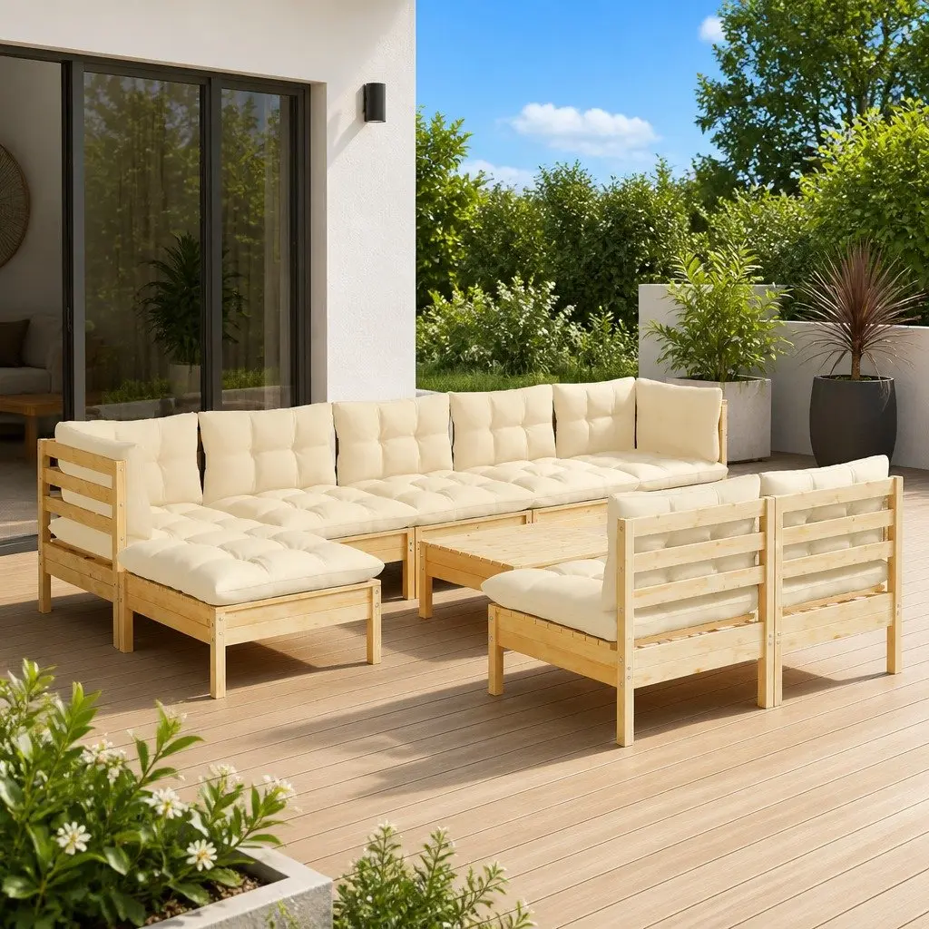 Garden Lounge Set 10 Piece Outdoor Patio Furniture Modular Pinewood Cream