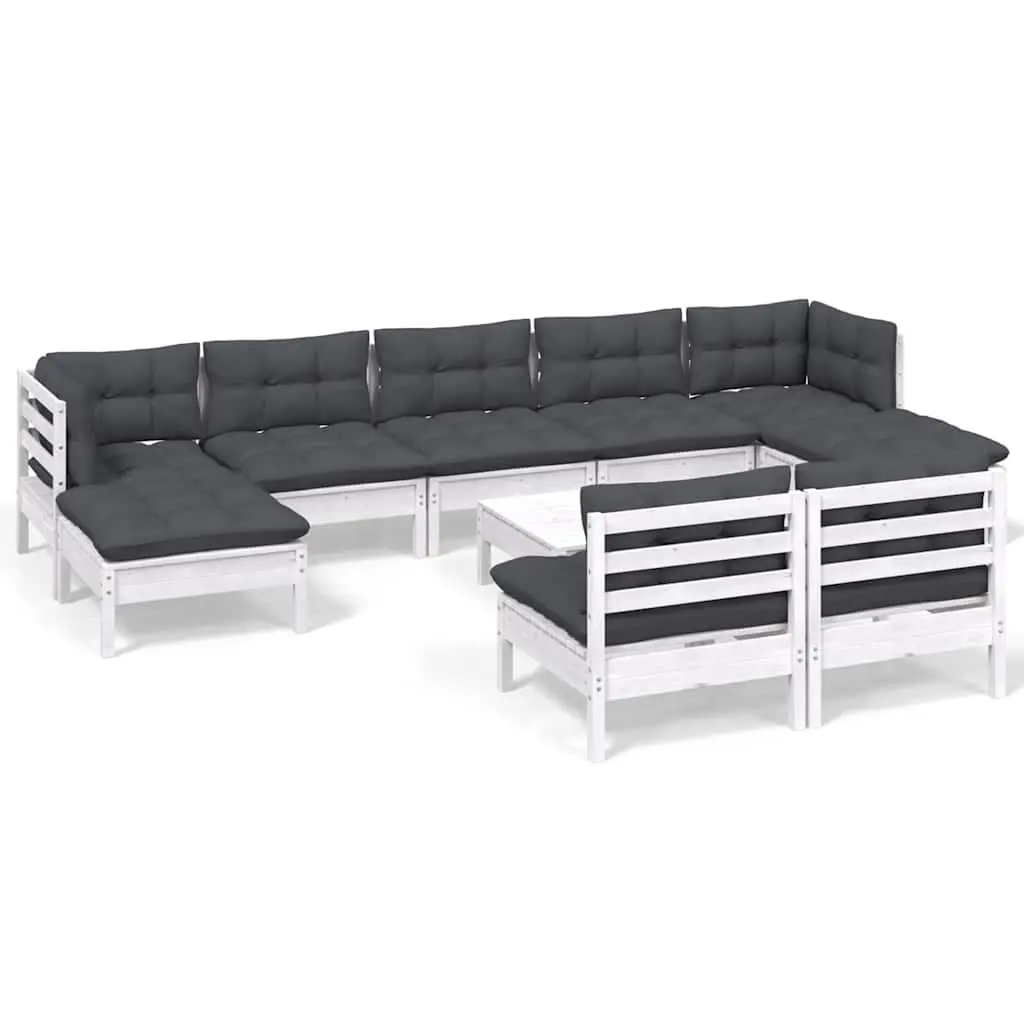 Garden Lounge Set 10 Pieces Outdoor Relaxing Cushions White Pinewood