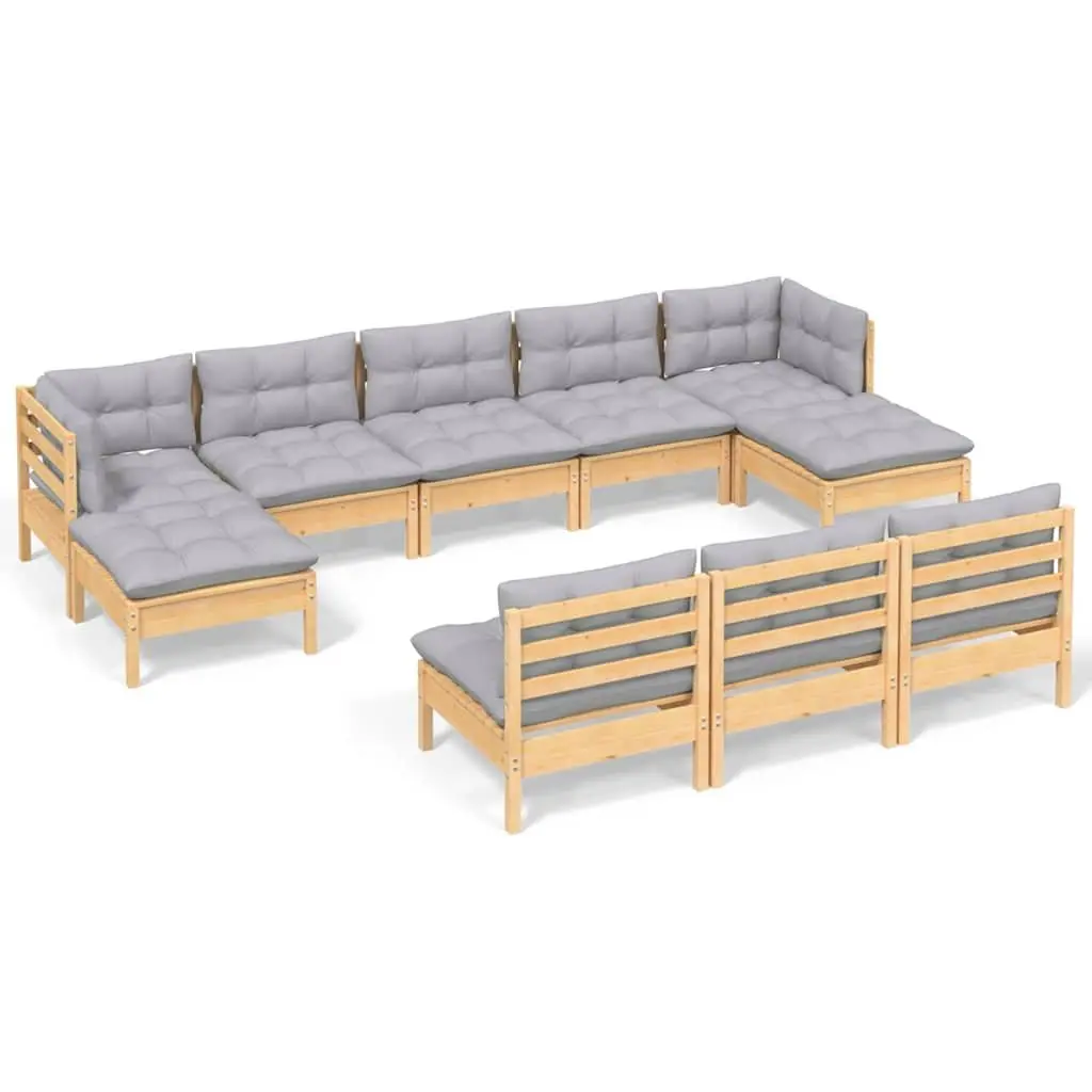Modular Lounge Set 10 Piece Outdoor Seating Grey Cushions Solid Pinewood Garden Furniture