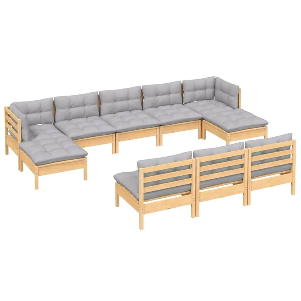 Modular Lounge Set 10 Piece Outdoor Seating Grey Cushions Solid Pinewood Garden Furniture