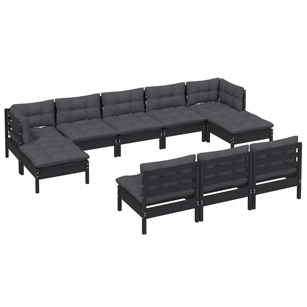 Wooden Garden Lounge Set 10 Piece Outdoor Patio Furniture Black with Cushions