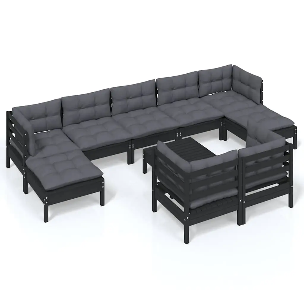 10 Piece Garden Lounge Set Modular Patio Furniture Black Solid Pinewood with Cushions