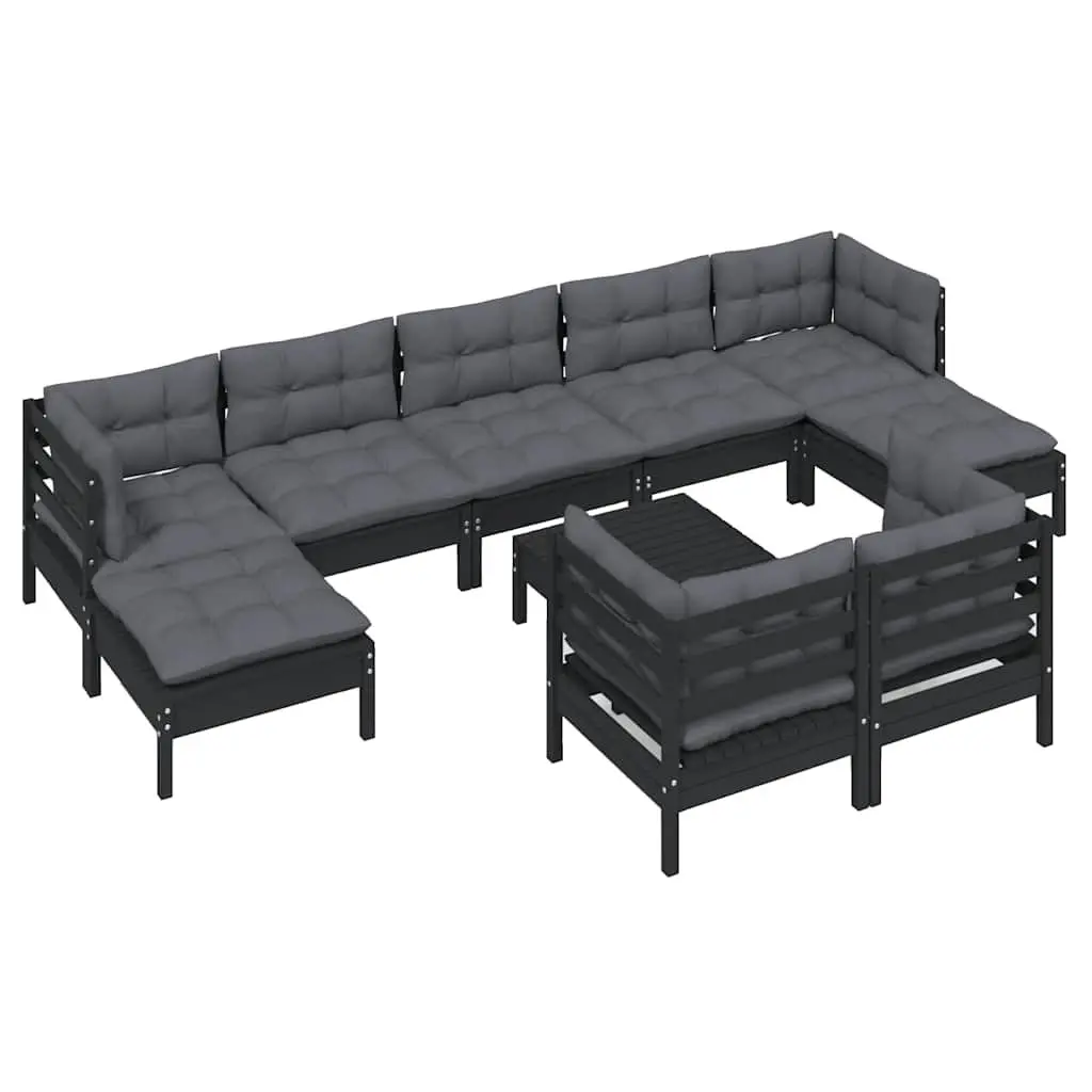 10 Piece Garden Lounge Set Modular Patio Furniture Black Solid Pinewood with Cushions