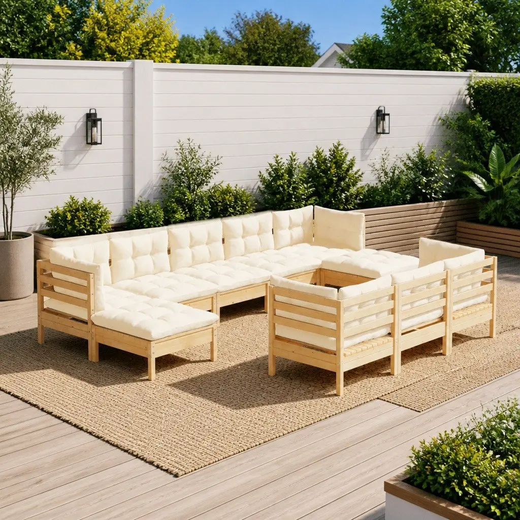 Garden Lounge Set 10 Piece Outdoor Furniture Solid Pinewood Cream Cushions