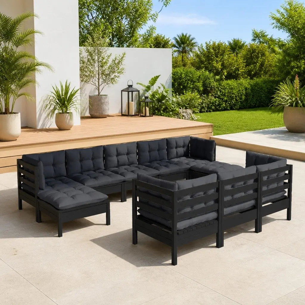 Garden Lounge Set 10 Piece Outdoor Furniture Relaxing Cushions Black Solid Pinewood