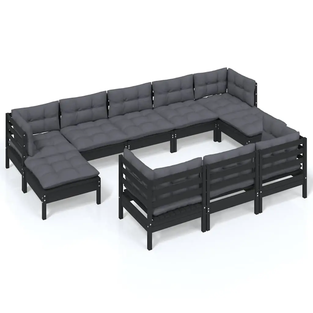 Garden Lounge Set 10 Piece Outdoor Furniture Relaxing Cushions Black Solid Pinewood