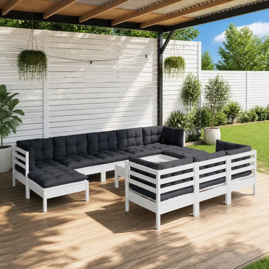 11 Piece Garden Lounge Set White Solid Pinewood Outdoor Patio Furniture
