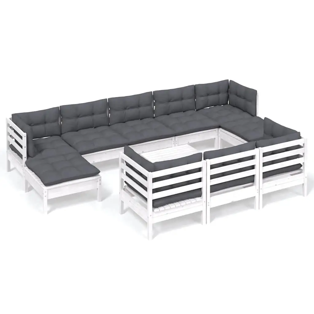 11 Piece Garden Lounge Set White Solid Pinewood Outdoor Patio Furniture