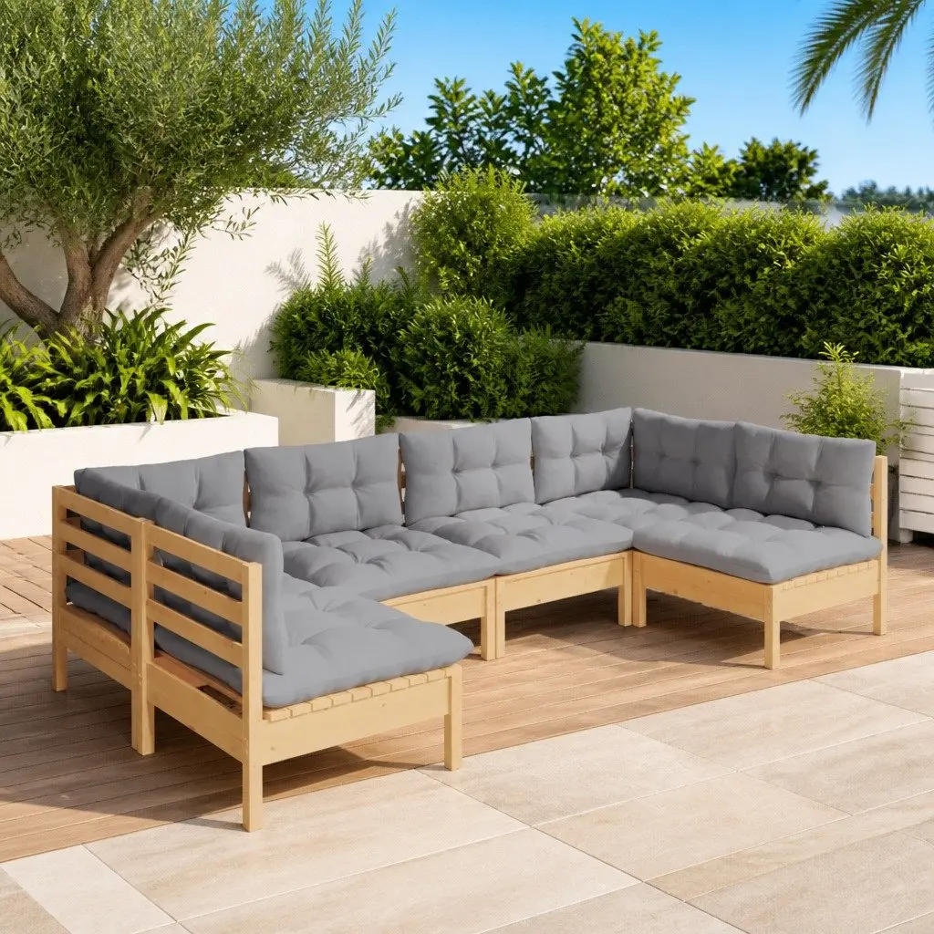 Garden Lounge Set 6 Piece Outdoor Patio Furniture Grey Cushions Pinewood