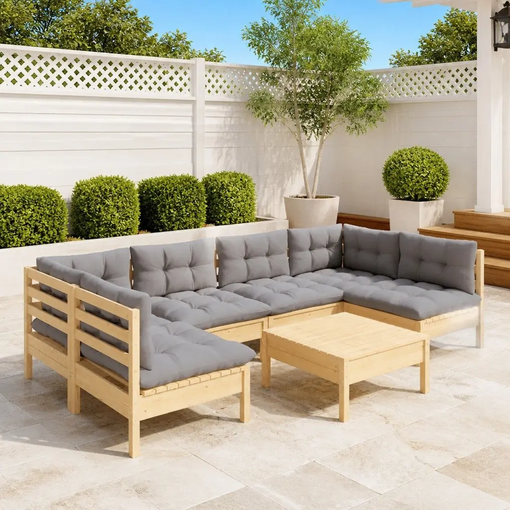 Outdoor Furniture Garden Lounge Set 7 Pieces Pinewood Sofa Grey Cushions