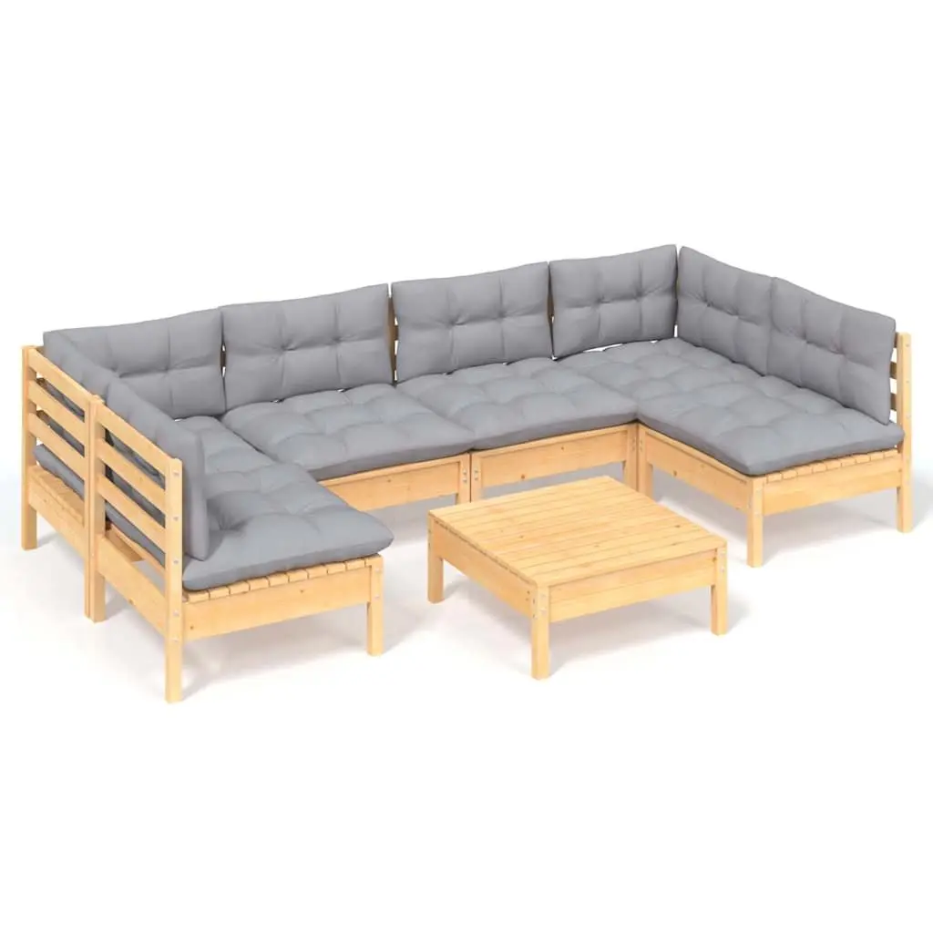 Outdoor Furniture Garden Lounge Set 7 Pieces Pinewood Sofa Grey Cushions