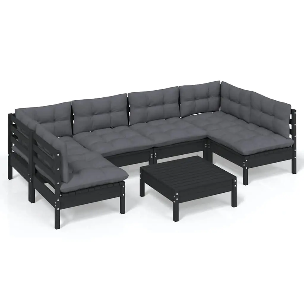 Garden Lounge Set 7 Piece Patio Furniture Black Solid Pinewood with Cushions